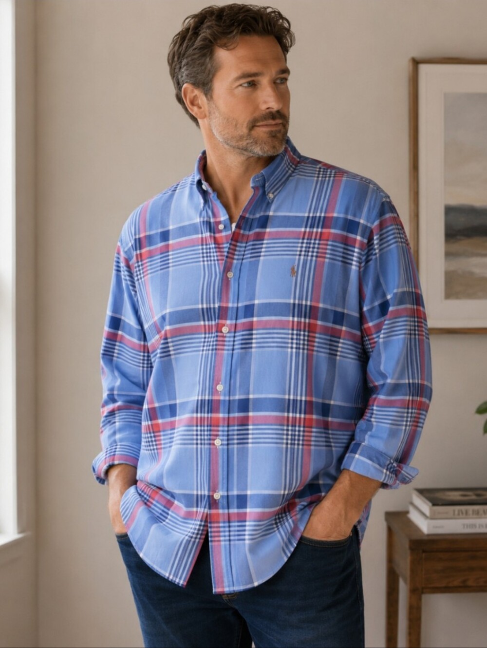 Ralph Lauren Blue Plaid Classic Fit Mens Cotton Button Down Shirt Sz 2XLT